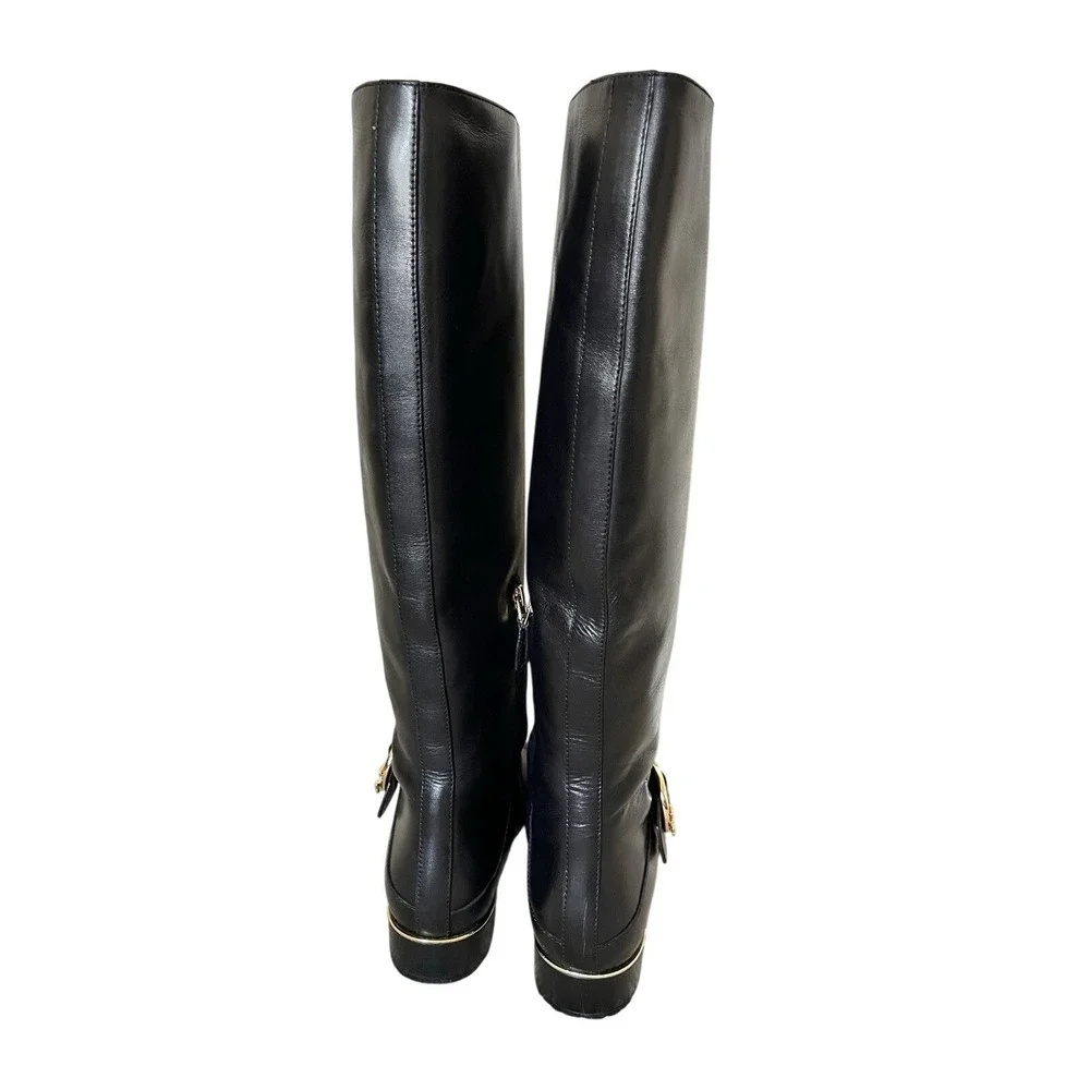 Tory Burch Sofia Tall Riding Boots Black Leather Gold Buckle Accent Size 6.5 EUC